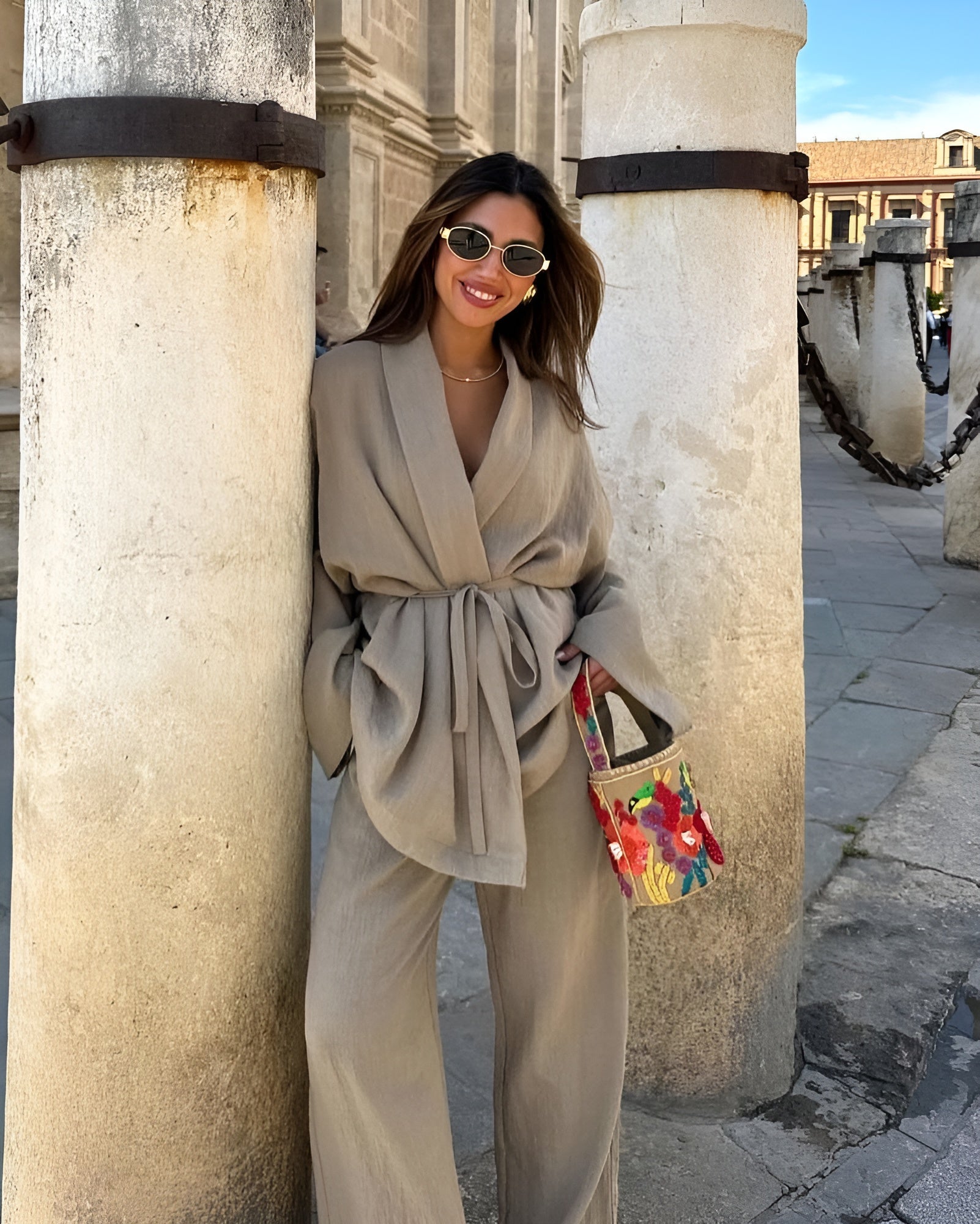 Capucine | Ensemble Kimono Ceinturé et Pantalon Large en Lin pour Femmes