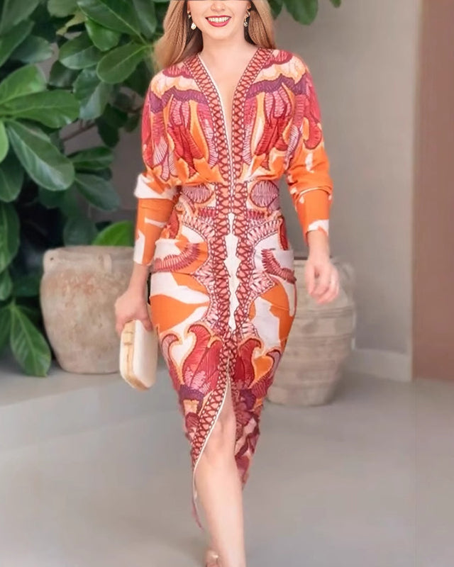 Maëlle| Robe Élégante à Encolure en V avec Imprimé Artistique pour Femme