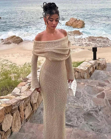 Marisol | Robe Maxi Off Shoulder Élégante en Tissu Bouclé pour Femmes