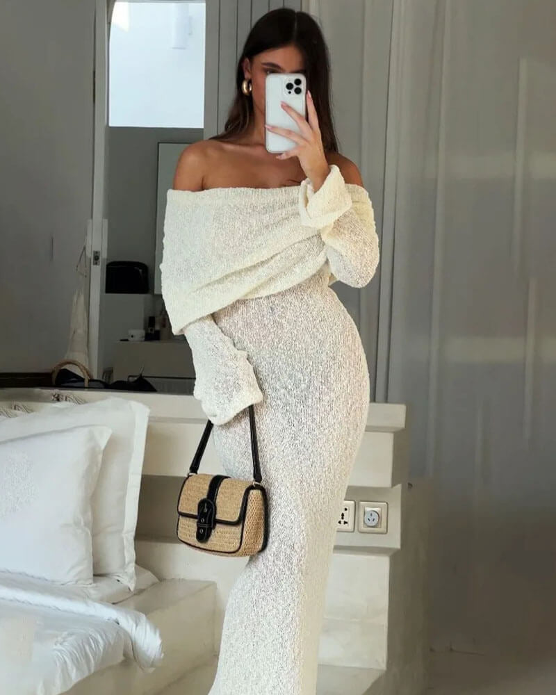 Marisol | Robe Maxi Off Shoulder Élégante en Tissu Bouclé pour Femmes