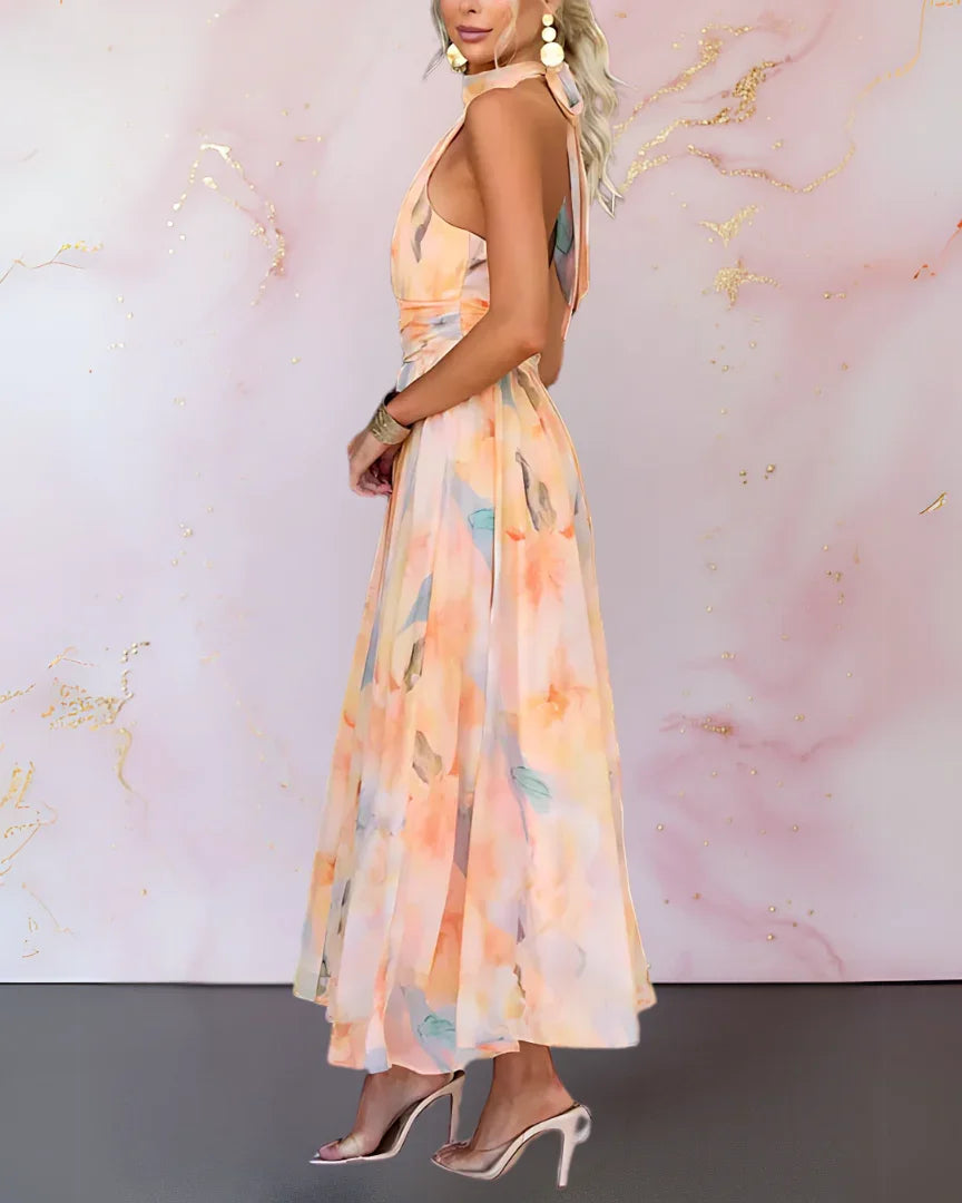 Liora | Élégante Robe Maxi Halter Imprimée Aquarelle pour Femmes